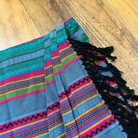 90s Vintage Boho Mini Skirt Aztec Striped Fringe Pleated Cotton Colorful Large - Picture 6 of 9